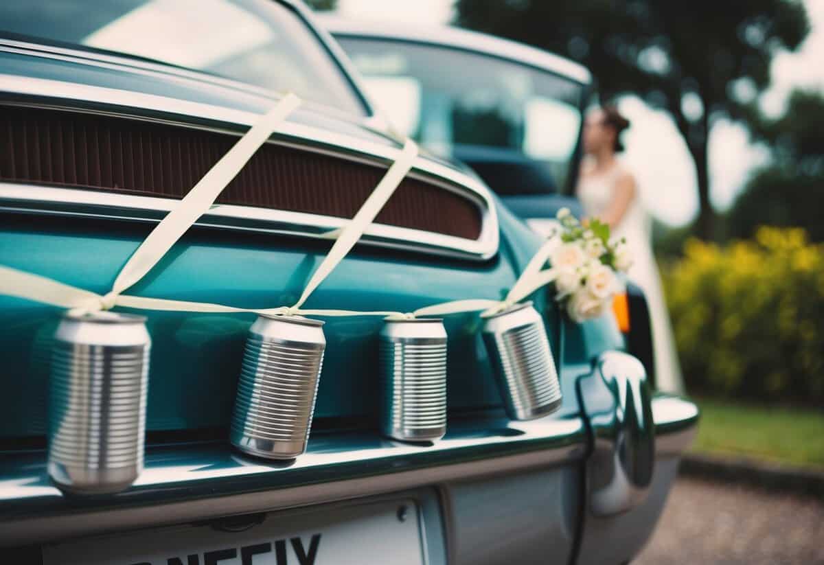 Empty cans strung with ribbon hang from the bumper of a wedding car, ready to create a festive clatter as the newlyweds drive away