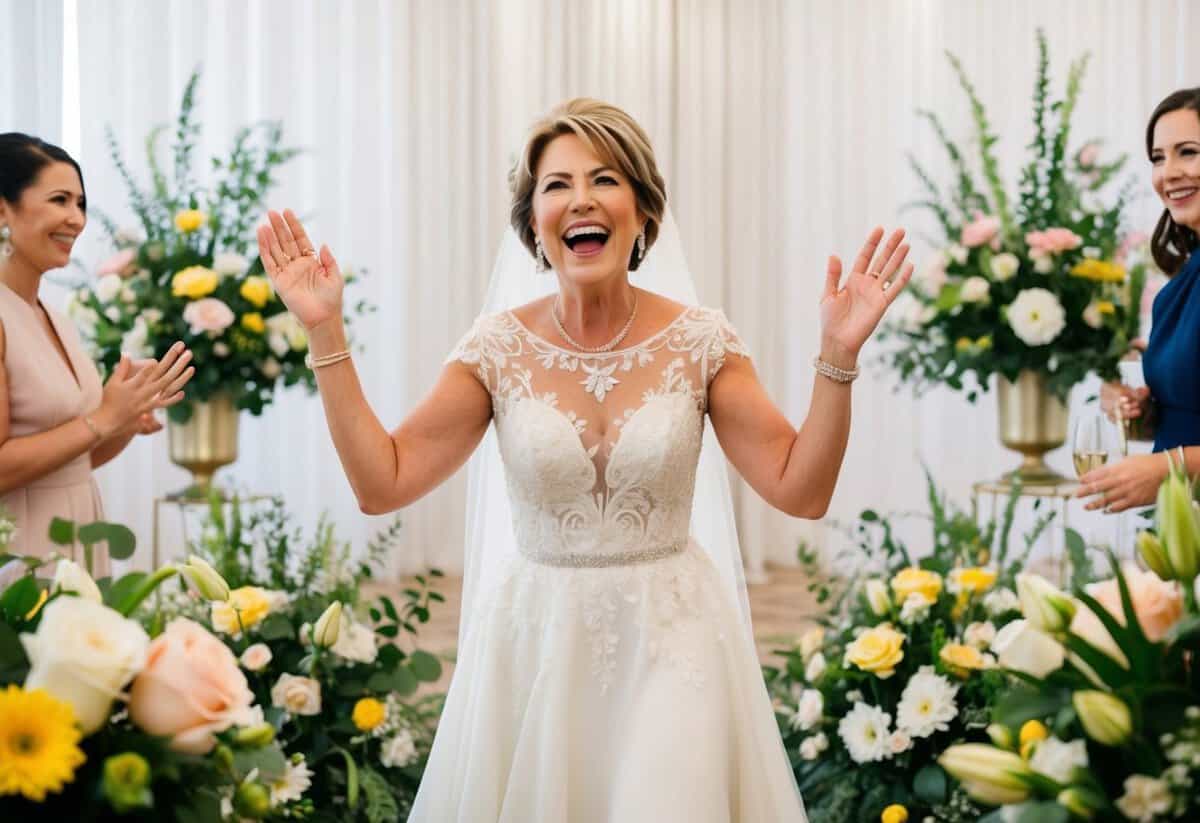 A joyful mother of the bride in a floor-length dress, surrounded by cheerful floral arrangements and elegant decor