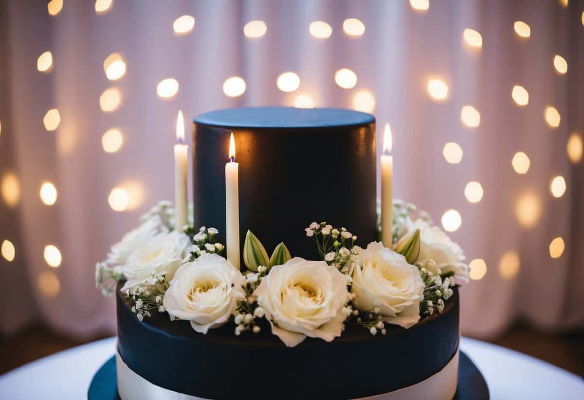 A black wedding cake surrounded by white flowers and candles