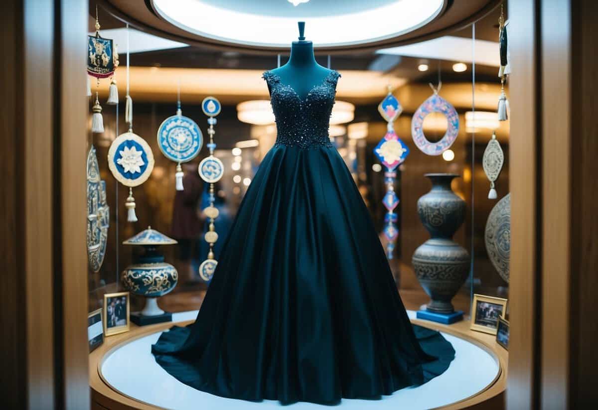 A black wedding dress on display, surrounded by traditional cultural symbols and historical artifacts