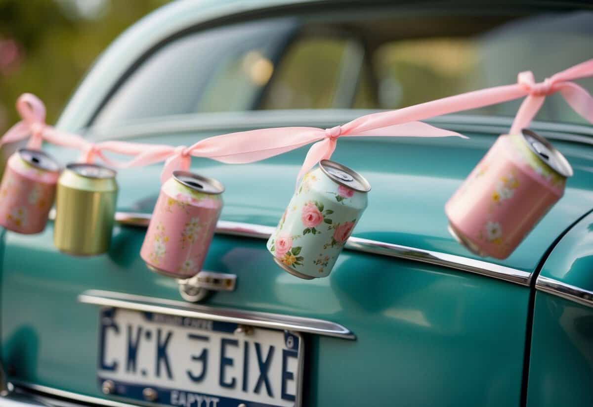 Empty cans strung with ribbon, swaying from the bumper of a vintage car. Floral motifs and pastel colors evoke a romantic, whimsical theme