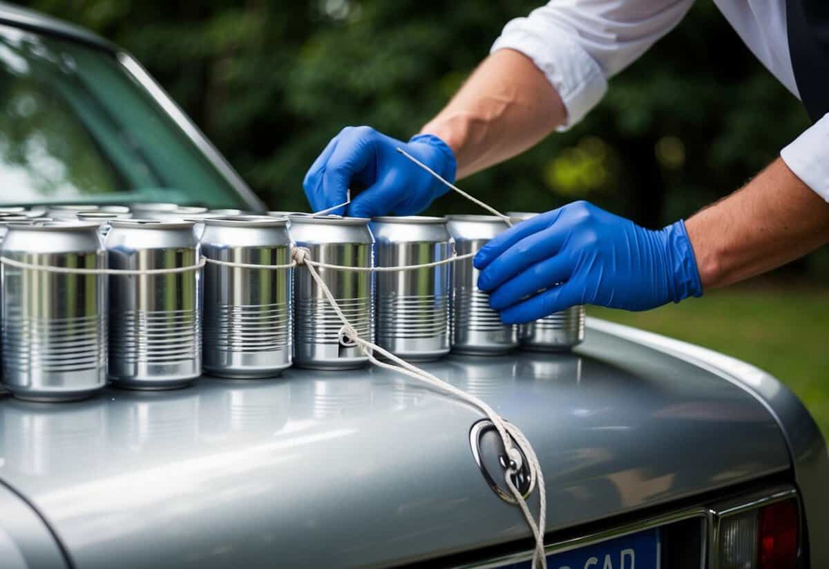 Empty cans lined up, holes drilled, and strings measured. Safety gloves and goggles on. A demonstration of tying securely to the wedding car's bumper