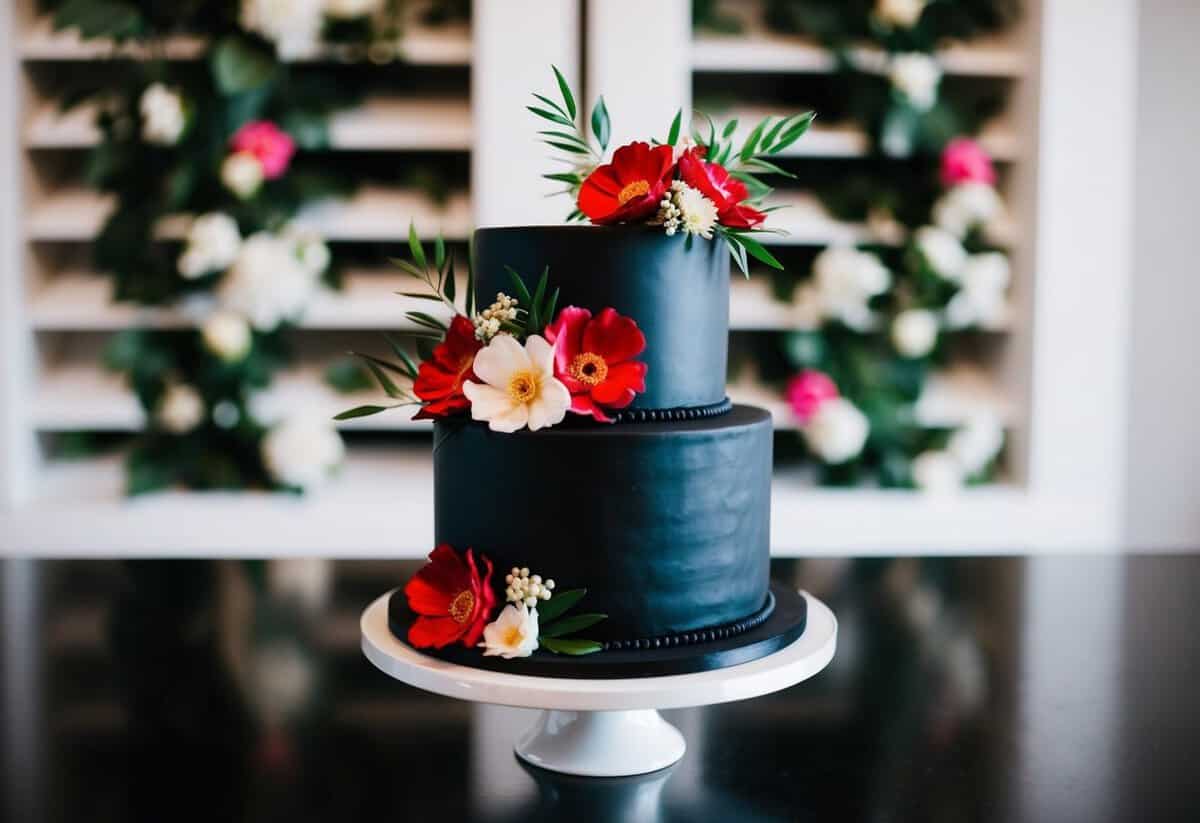 A black wedding cake with vibrant floral decorations and a contrasting white background