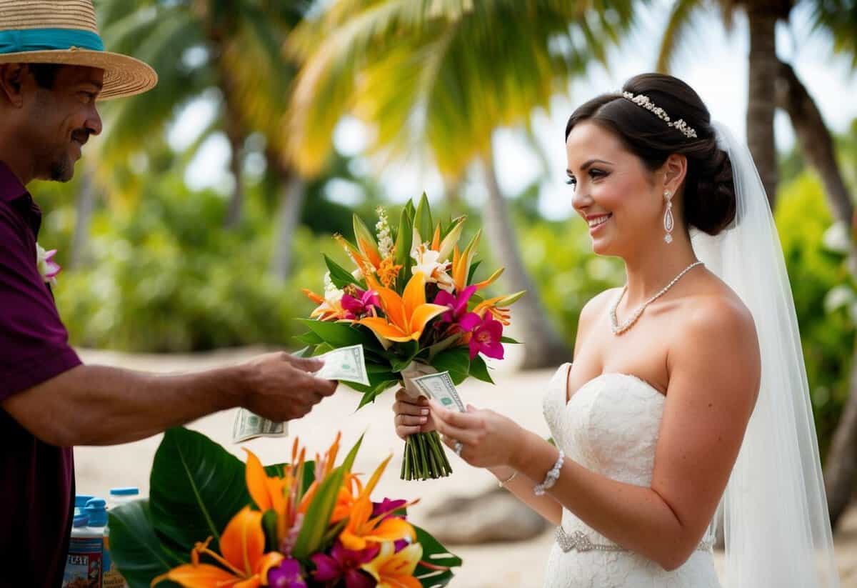A bride at a tropical destination wedding hands over money to a local vendor for a bouquet of exotic flowers. She smiles as the vendor counts the bills