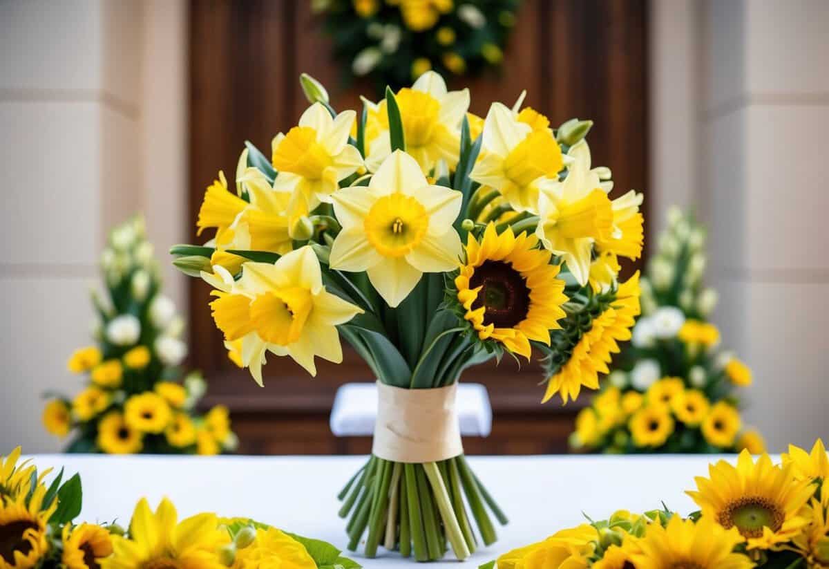 A sunny yellow bouquet of daffodils and sunflowers adorns the wedding altar, symbolizing joy and happiness in the marriage