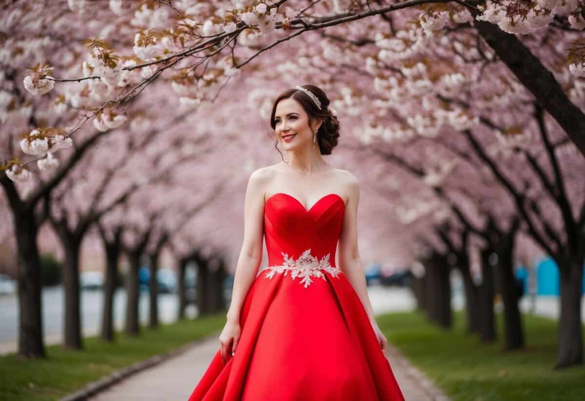 A vibrant red wedding dress surrounded by blooming cherry blossoms