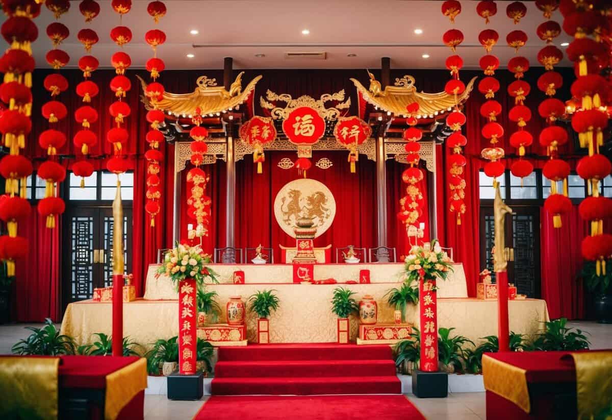 A traditional wedding altar adorned with red and gold decorations, symbolizing luck and prosperity in Chinese culture