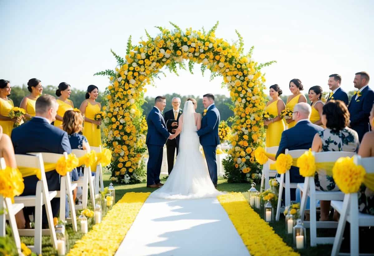 A bright yellow floral arch stands as the focal point of the outdoor wedding ceremony, surrounded by yellow accents in the decor and attire