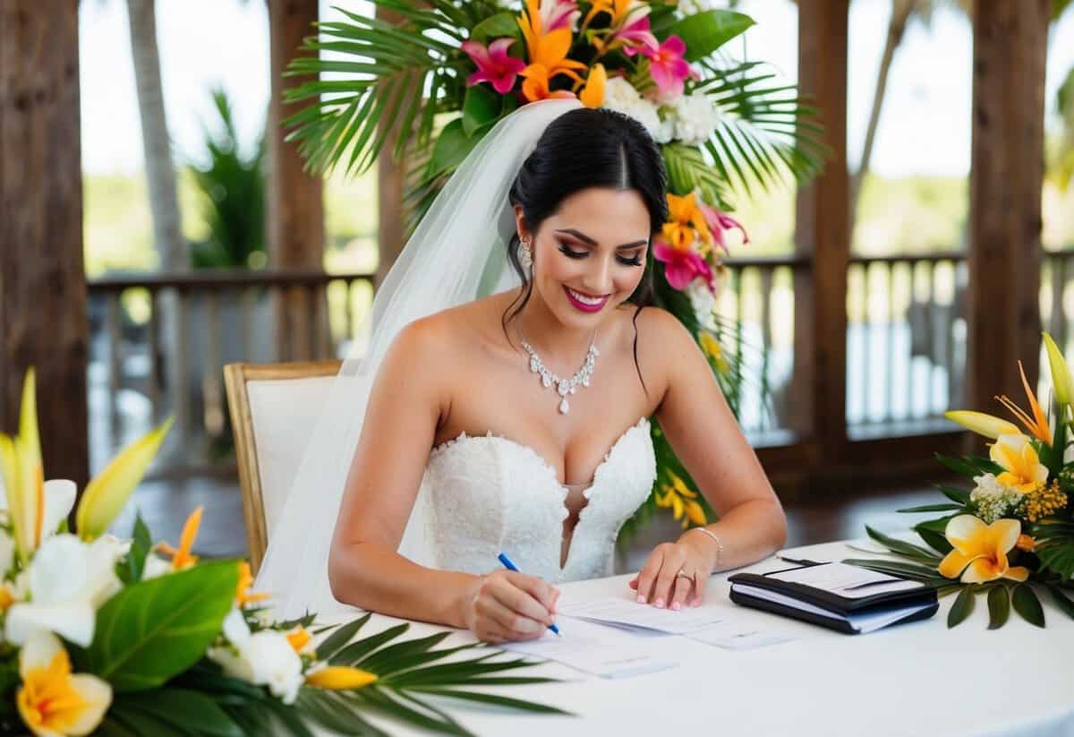 A bride sitting at a table, surrounded by tropical flowers and decor, writing checks and making payments for her destination wedding ceremony and celebration details
