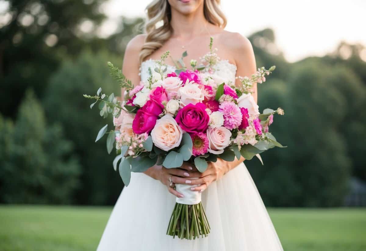 A bride holding a bouquet of flowers in various shades of pink, symbolizing love, romance, and happiness for her wedding theme
