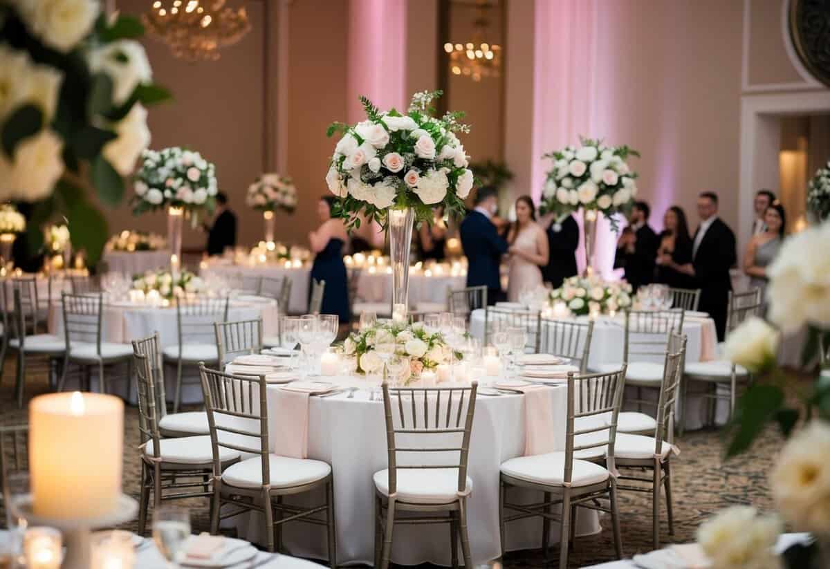 A beautifully decorated wedding reception with tables set for a large number of guests, surrounded by flowers and elegant decor
