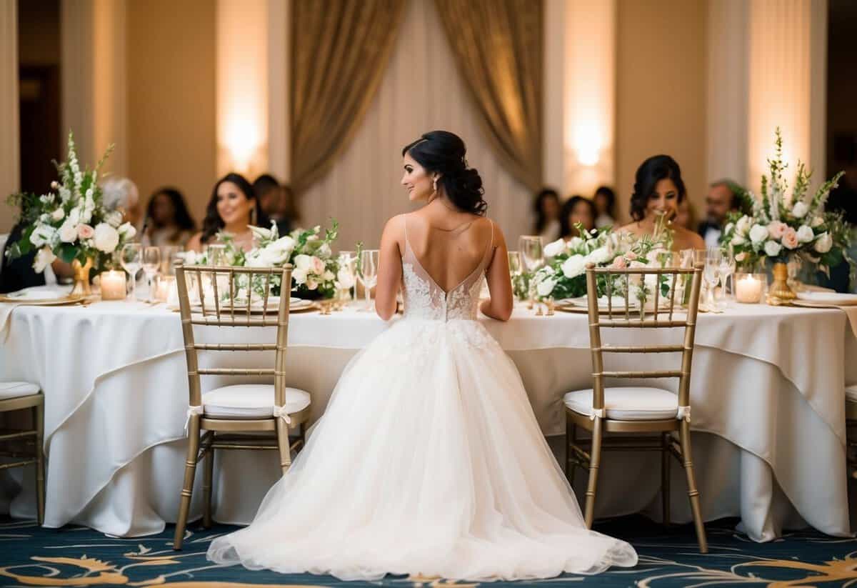A woman in a flowing gown is seated first at a beautifully decorated wedding table, surrounded by elegant place settings and floral centerpieces