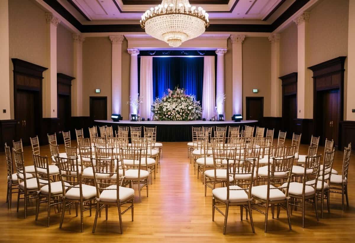 A grand banquet hall with ornate chairs arranged in a semi-circle around a beautifully decorated stage
