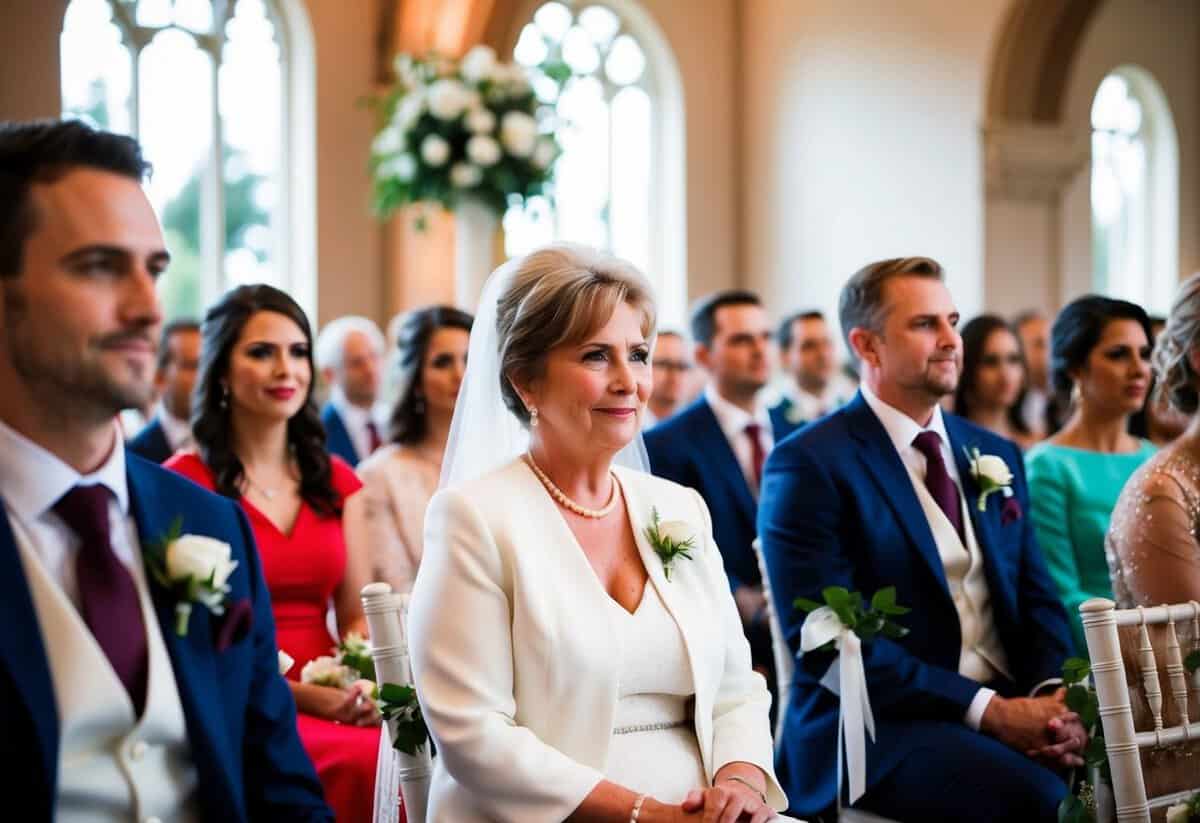 Mother of the bride seated first in front row at wedding processional