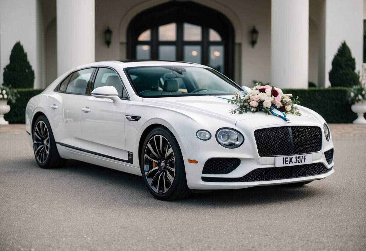 A sleek, white luxury car adorned with flowers and ribbons parked in front of a grand venue