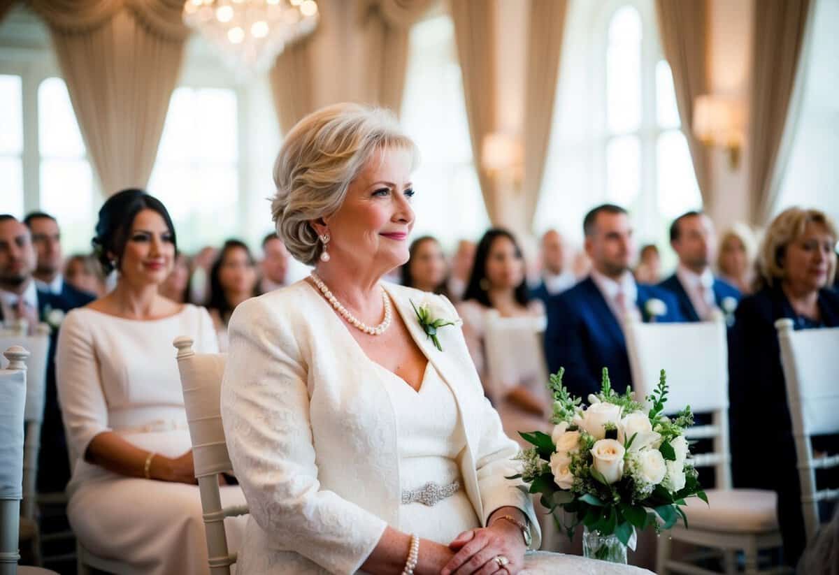 The mother of the bride is seated first, with a reserved chair and elegant decor, as she awaits the start of the wedding ceremony