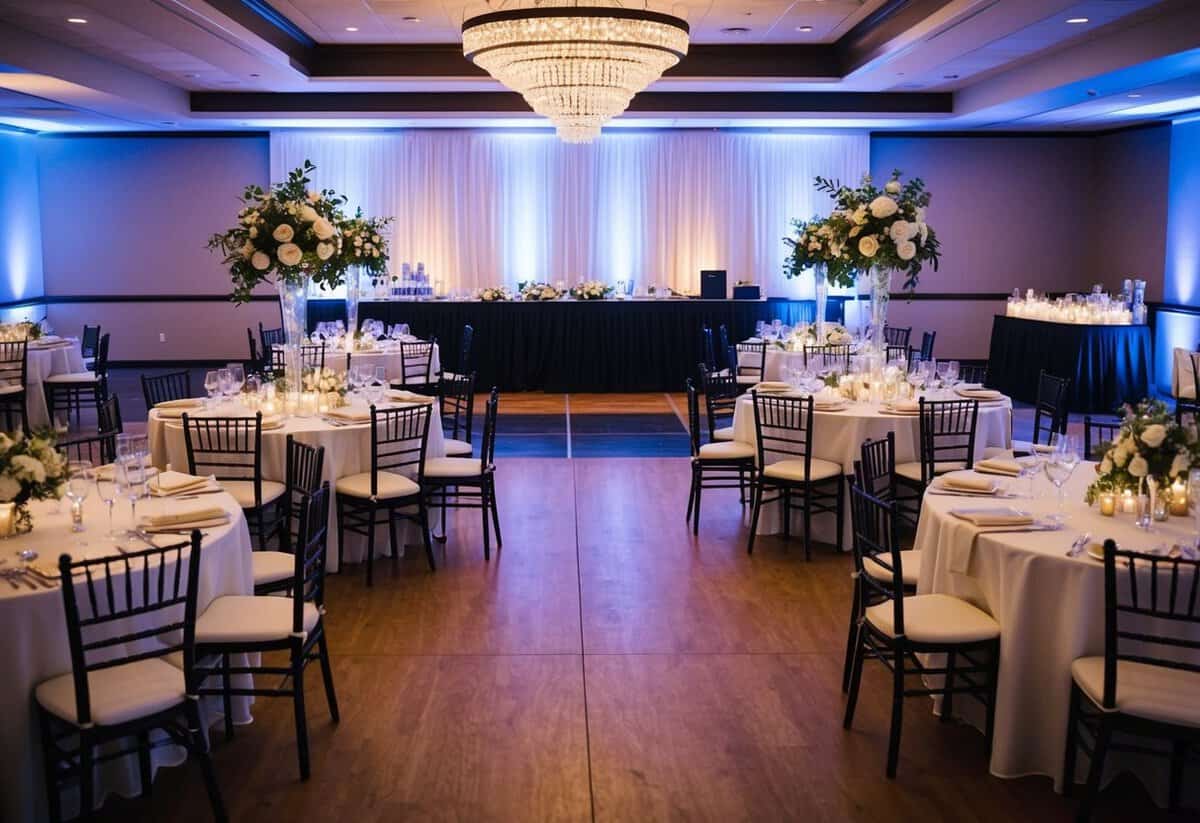 A wedding reception with tables set for dining, a dance floor, and a bar, with a mix of decorations and floral arrangements