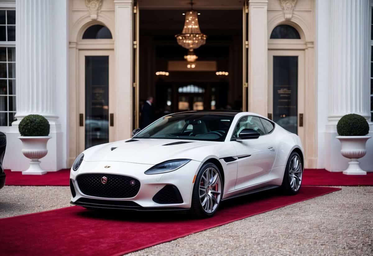 A sleek, white luxury car parked outside a grand, classic venue with a red carpet leading to the entrance