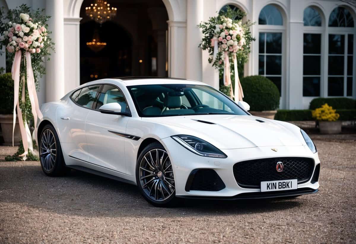 A sleek, white luxury car parked outside a grand wedding venue, adorned with floral decorations and ribbons