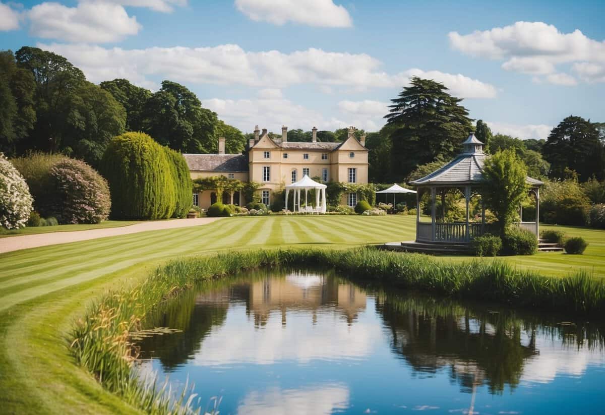 A picturesque countryside wedding venue with a grand manor, lush gardens, and a charming gazebo overlooking a serene lake