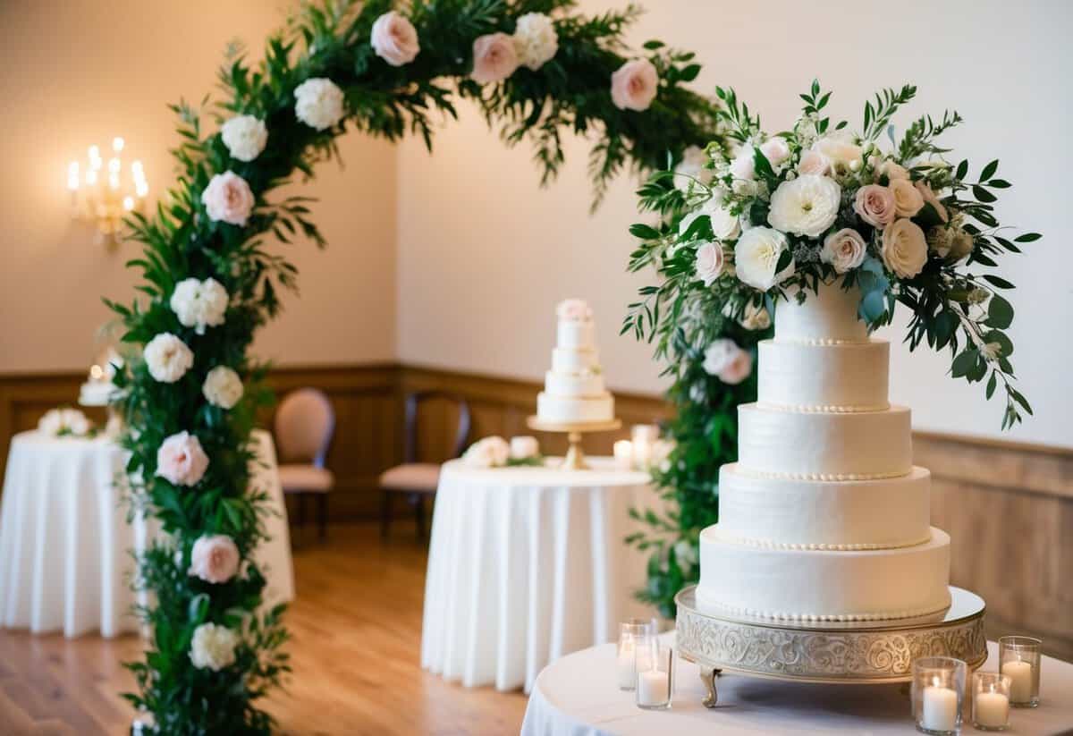 A wedding scene with a floral arch, elegant table setting, and a tiered cake on display
