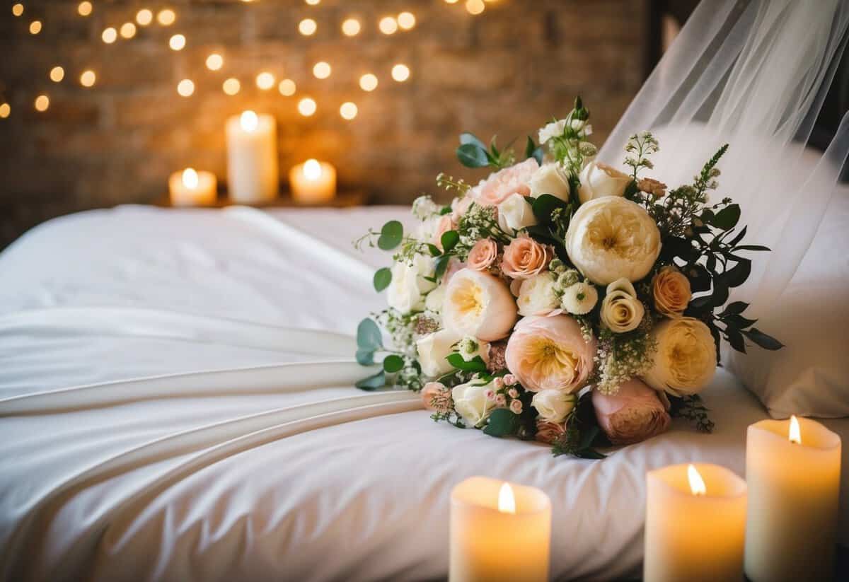 A bed adorned with flowers and a veil, surrounded by soft candlelight