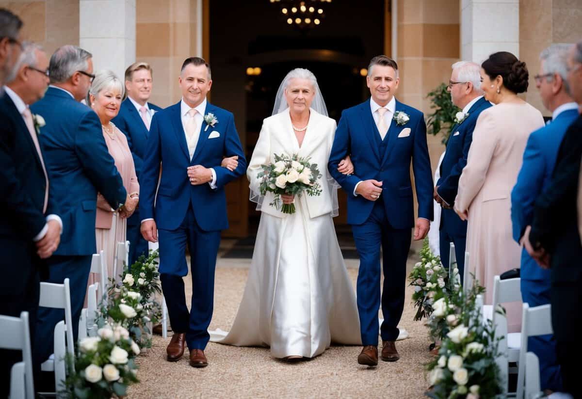 A figure escorts the mother of the groom down the aisle