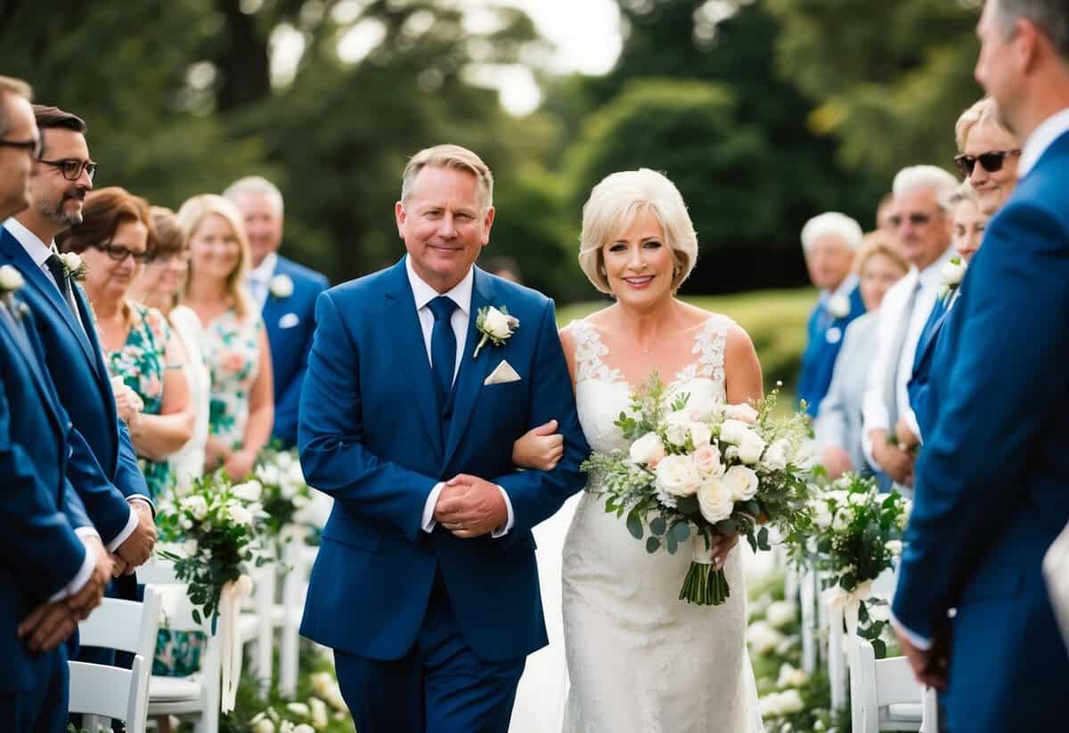 The mother of the groom is escorted down the aisle by a close family member or friend, as the wedding processional begins