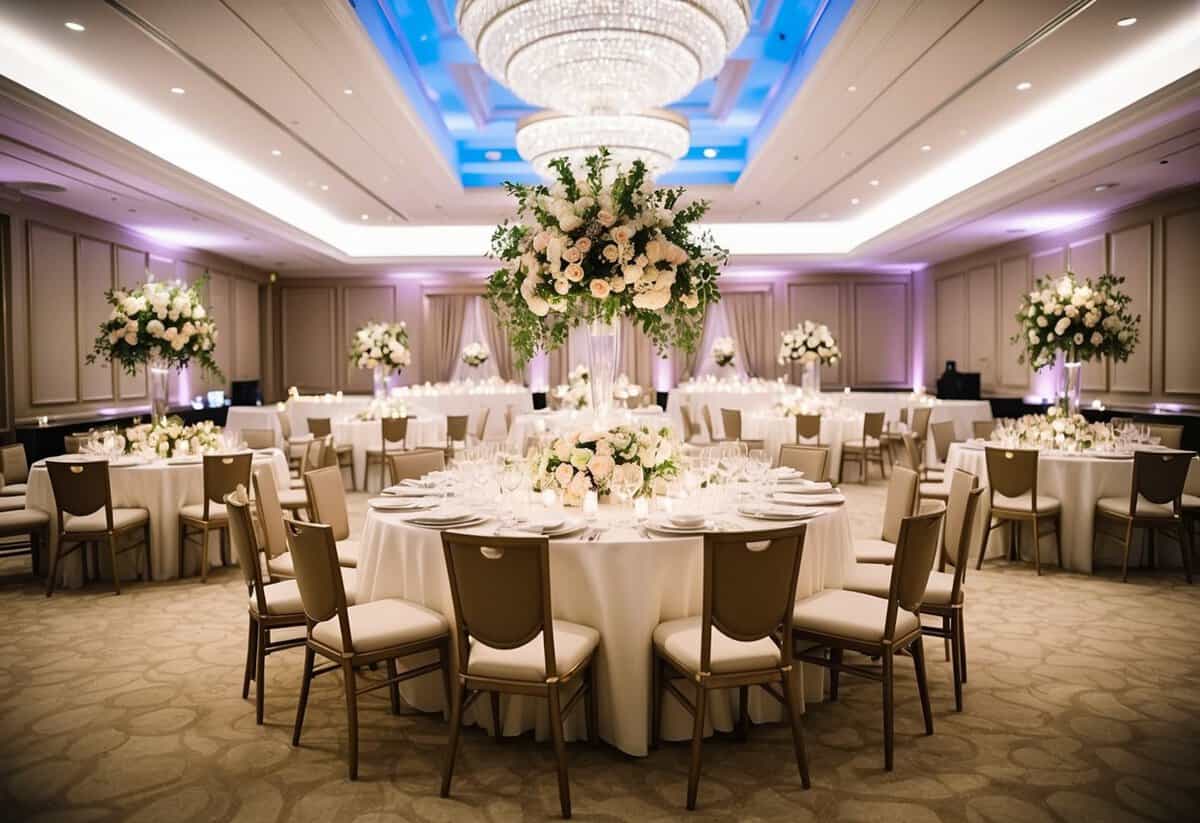 A lavish wedding venue with elegant decor, floral arrangements, and a grand banquet table set for a luxurious reception