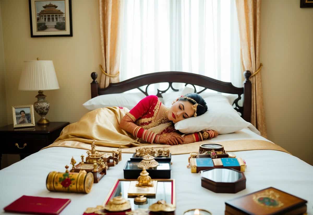 A bride sleeps alone in a bed adorned with symbolic cultural items and personal mementos
