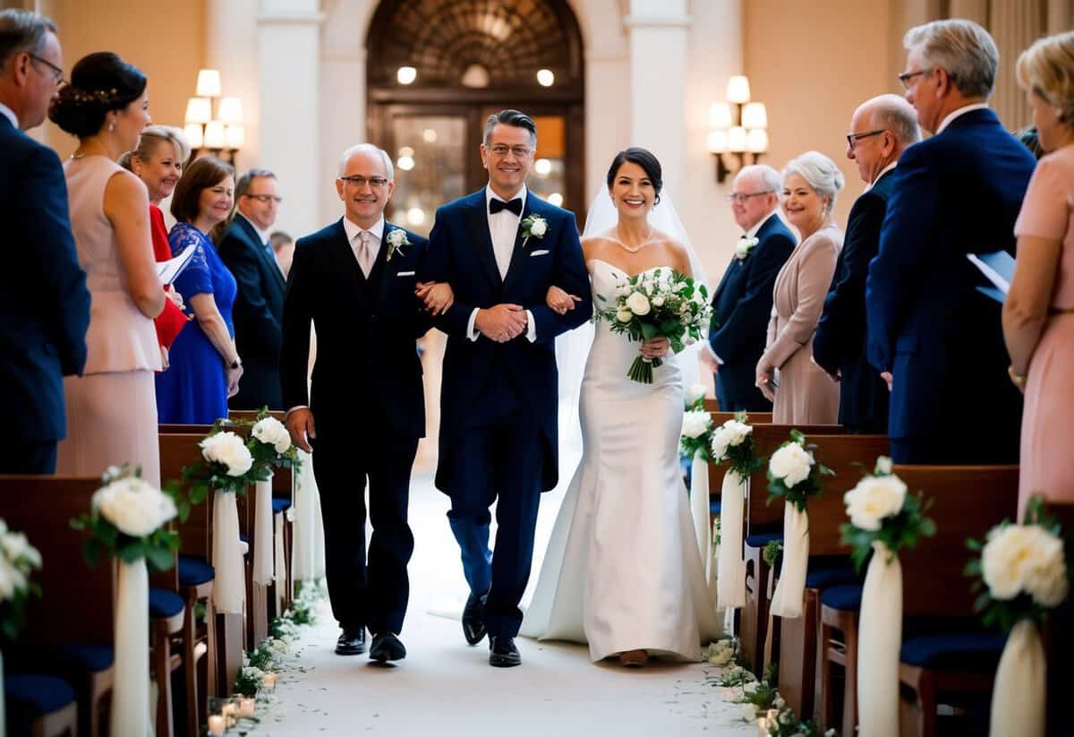 A figure in formal attire escorts another figure down the aisle