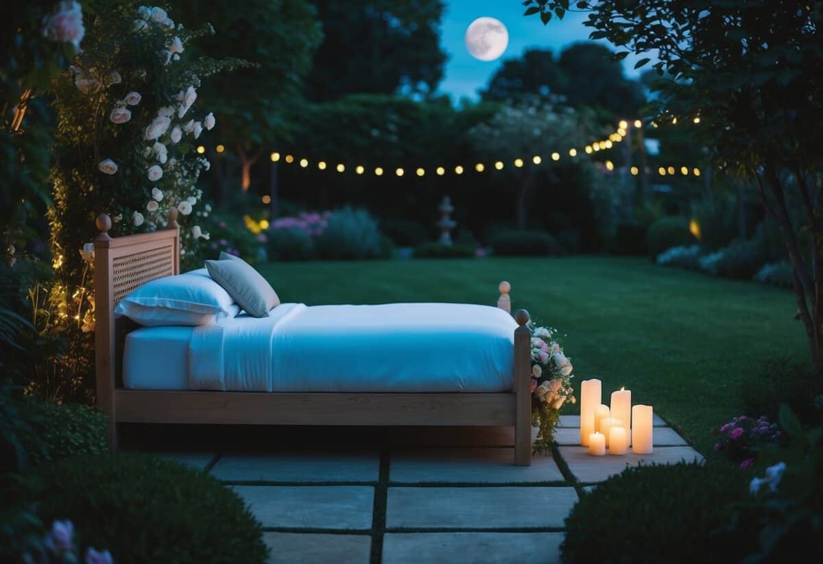 A serene moonlit garden with a single bed adorned with flowers and candles, awaiting the bride's peaceful slumber