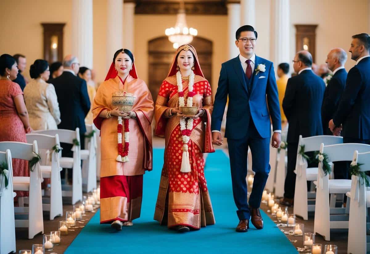 A figure from each culture walks down separate aisles, each carrying a symbolic item representing the mother of the groom