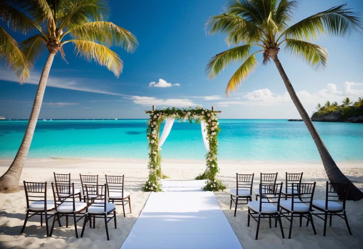 A tropical beach with a wedding arch and chairs, surrounded by crystal-clear water and palm trees