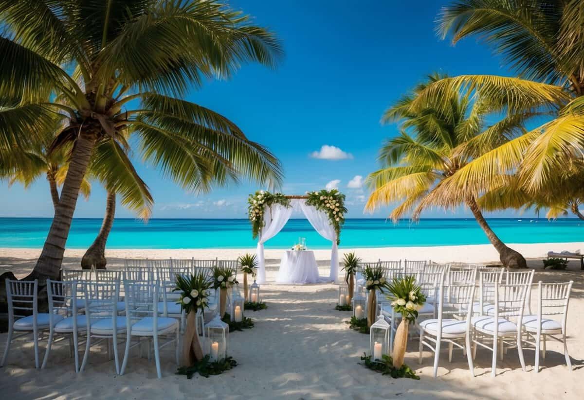 A tropical beach with a wedding set-up, surrounded by palm trees and a clear blue ocean in the background