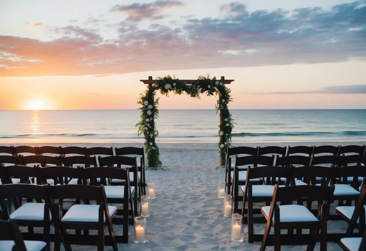A beach wedding with a sunset backdrop, a decorated arch, and empty chairs
