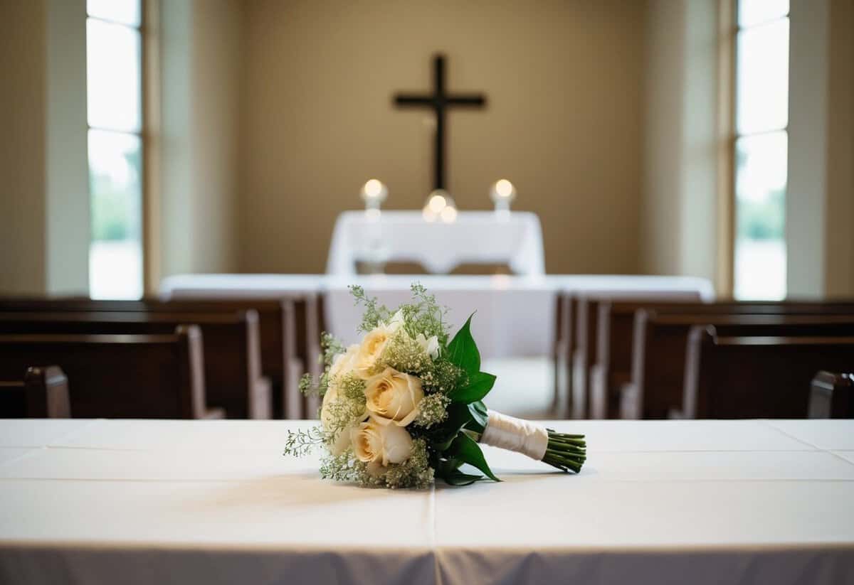 A lone bridesmaid bouquet wilting on a deserted wedding altar