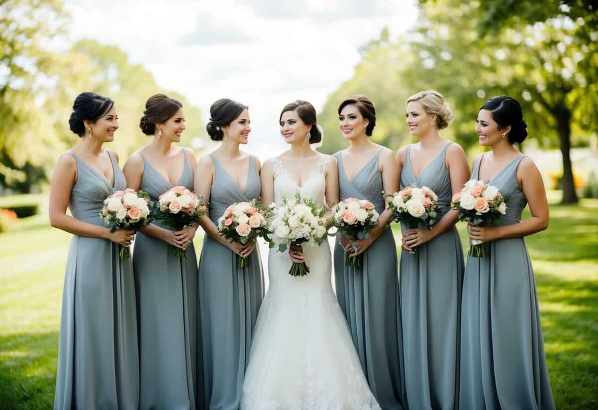 A group of bridesmaids standing in a line, each holding a bouquet of flowers, while a bride stands in the center wearing a wedding gown
