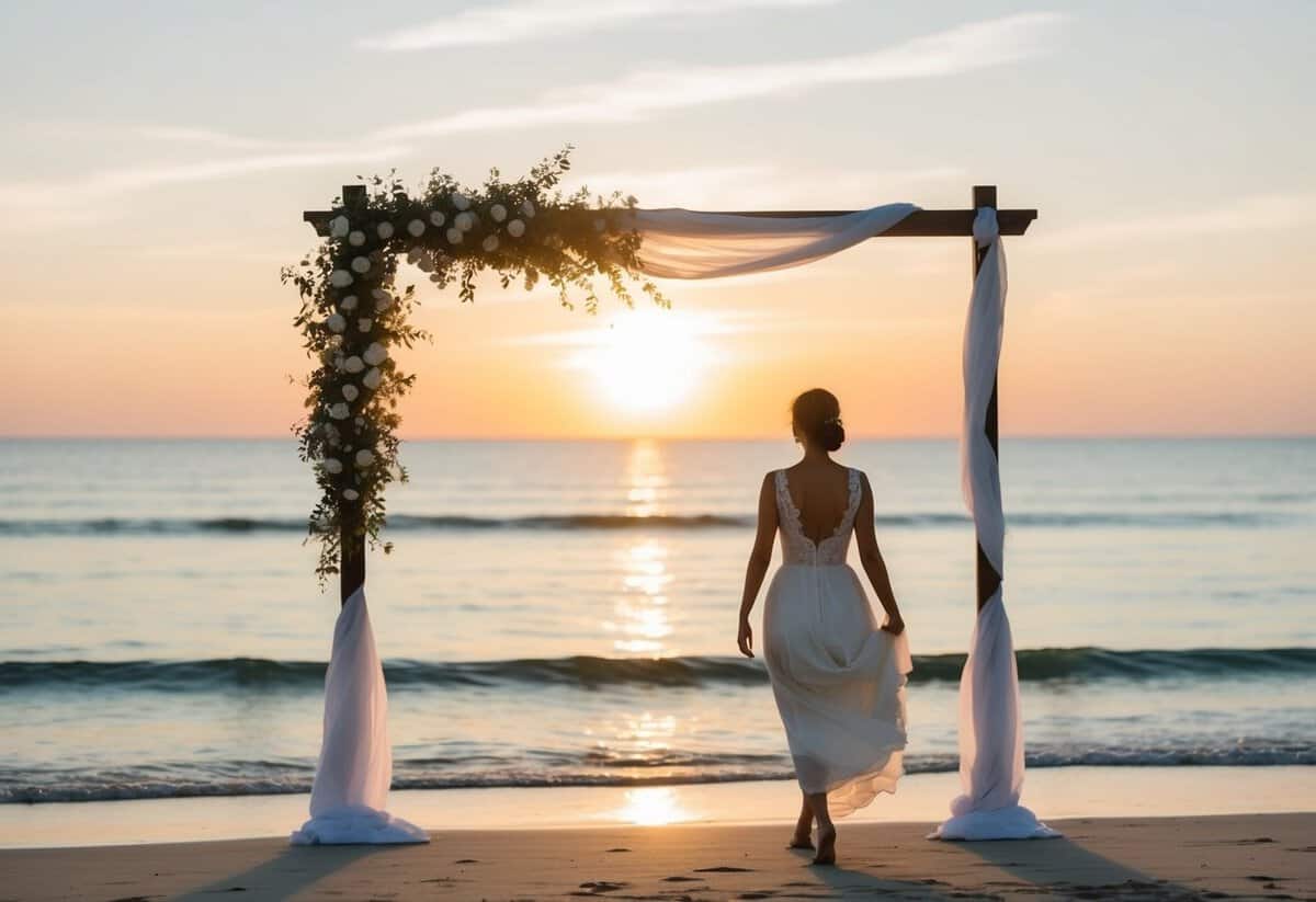 A serene beach at sunset, with a lone figure walking away from a wedding arch, symbolizing the choice to decline with grace