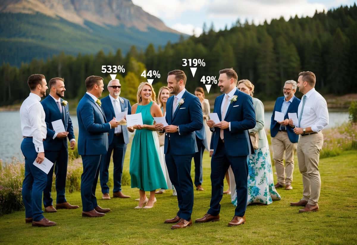 A group of people gathers in a scenic location, some holding invitations. Others are seen arriving, indicating the attendance percentage at a destination wedding