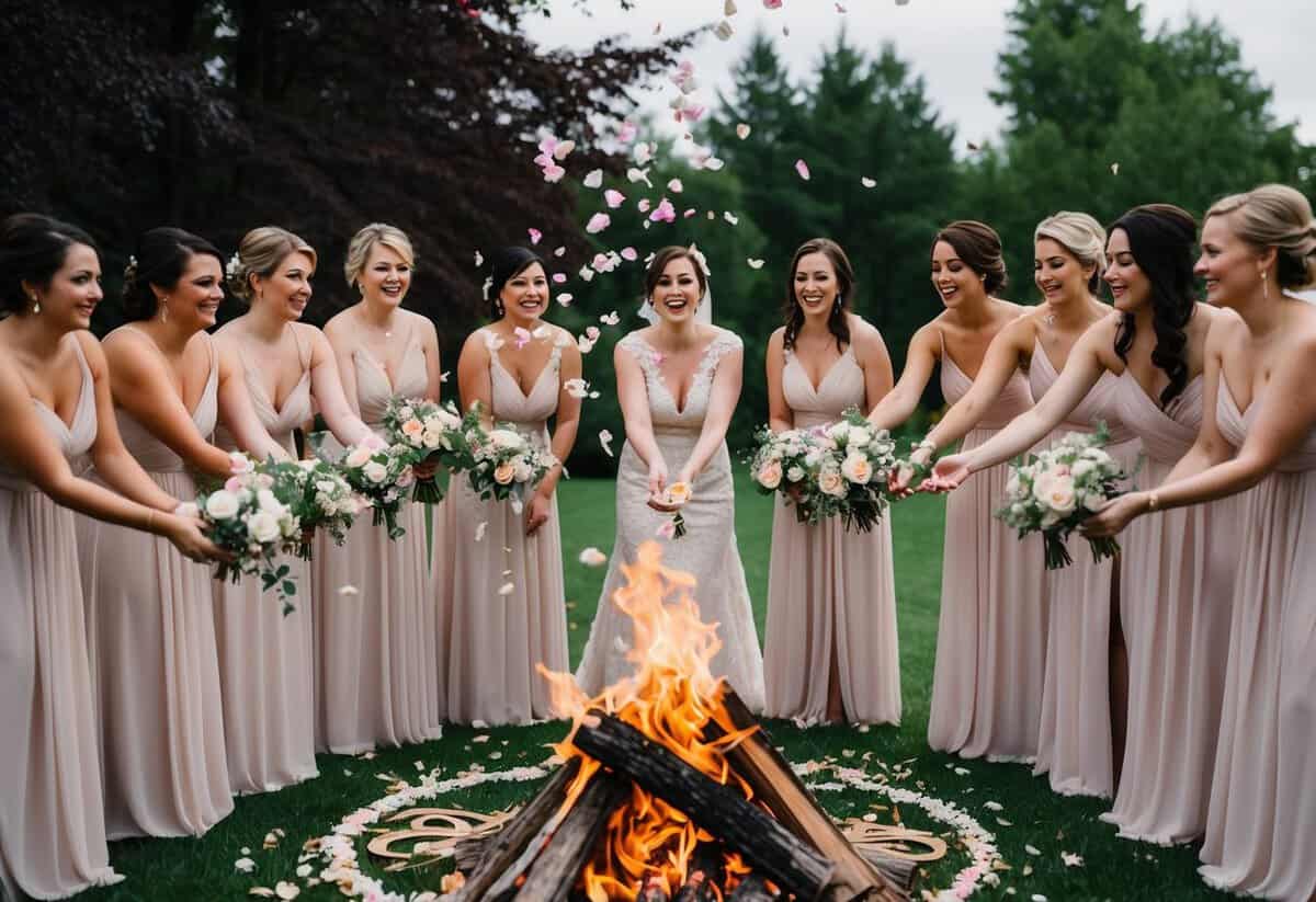 A group of bridesmaids tossing flower petals into a bonfire, surrounded by symbols of good luck and marriage