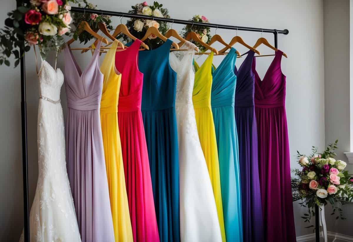 A row of colorful bridesmaid dresses hanging on a rack, surrounded by wedding accessories and bouquets