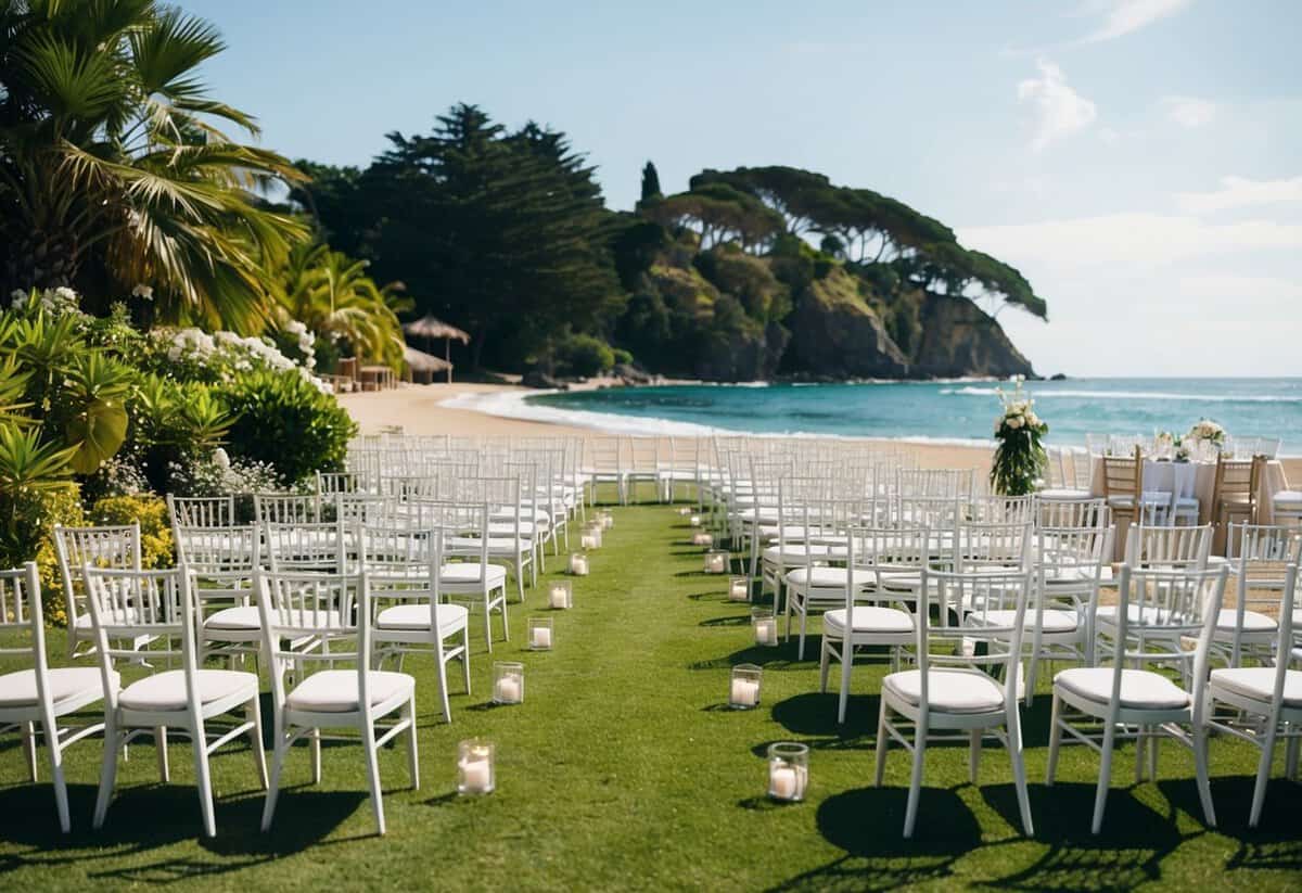 A seaside resort with rows of empty chairs and tables set for a wedding, surrounded by lush greenery and the ocean in the background