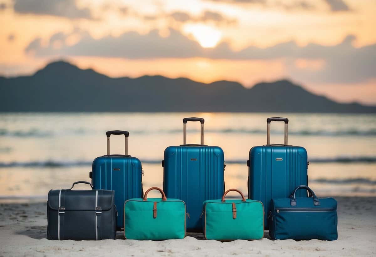 A group of suitcases and travel bags arranged in front of a scenic beach backdrop