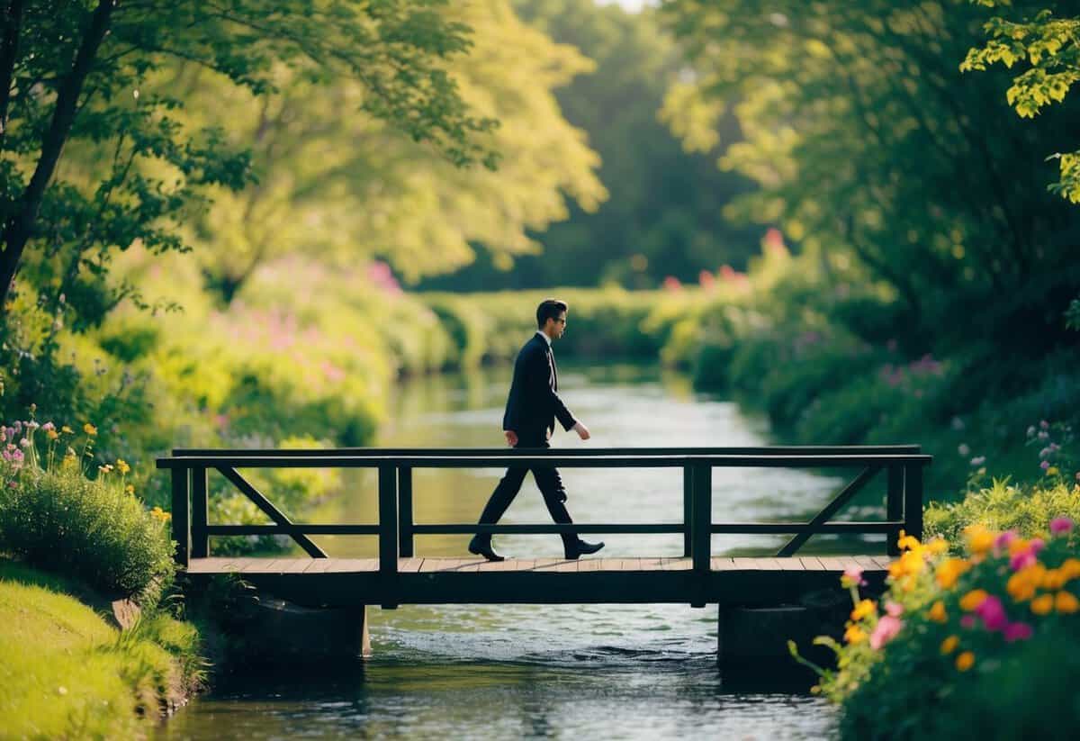 A lone figure crosses a bridge over a tranquil stream, surrounded by lush greenery and colorful flowers