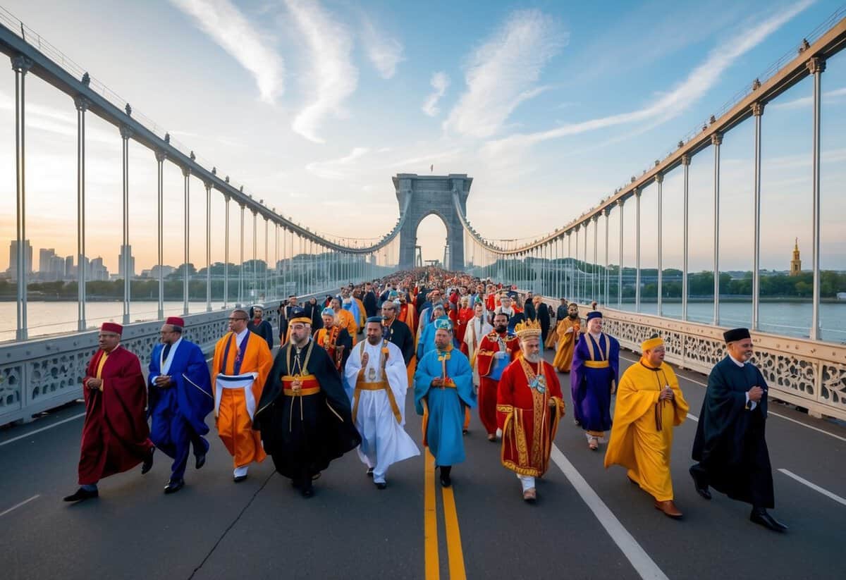 A procession of diverse figures crosses a grand bridge, each representing a different cultural or religious tradition