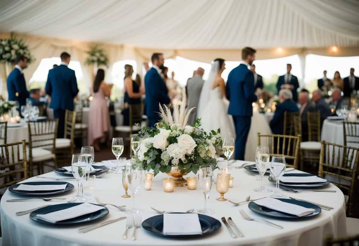 A table set for a wedding, adorned with elegant centerpieces and place settings, awaits the arrival of guests