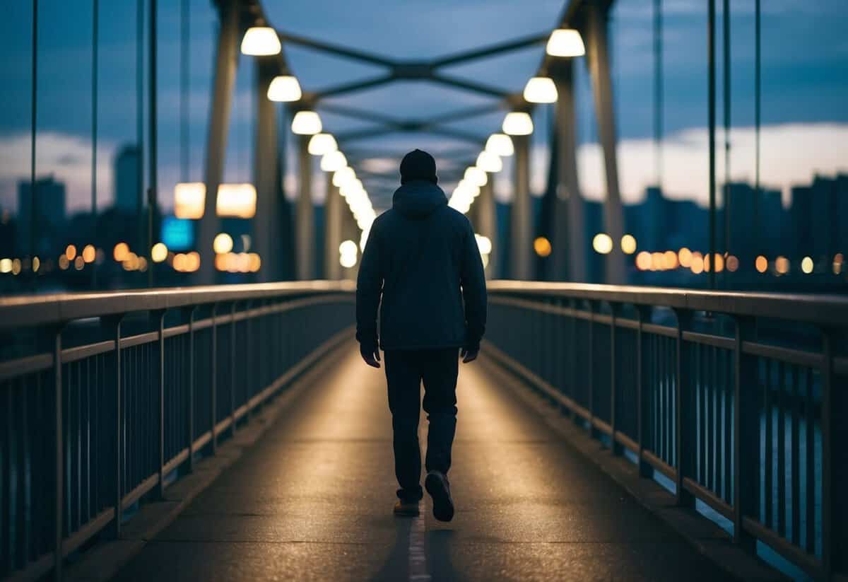 A figure walks down a dimly lit bridge, surrounded by the soft glow of streetlights and the distant sound of music and city ambiance
