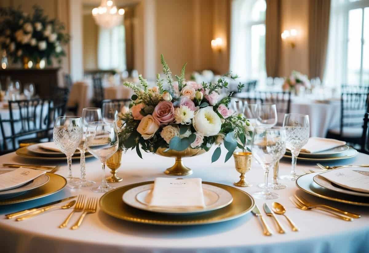 A beautifully decorated table with elegant place settings and floral centerpieces