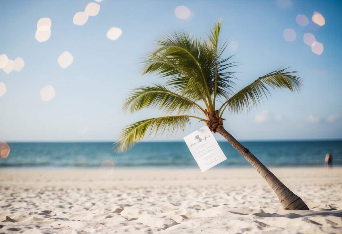 A sandy beach with a palm tree and a wedding invitation floating in the breeze